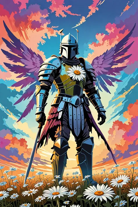 a painting of a knight with wings standing in a field of flowers