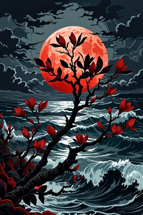 a painting of a tree with red leaves on it in front of a full moon