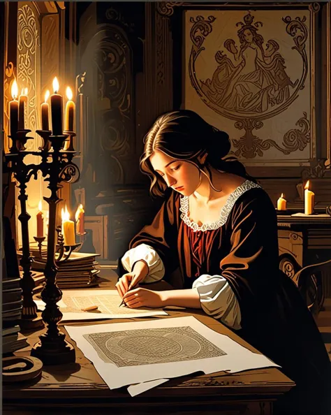 in the dimly lit atelier of a baroque era etcher, a 45 year old artist sits hunched over her workbench, surrounded by scattered sheets of vellum and the faint scent of ink. her eyes are fixed intently on the subject before her: a delicate, hand drawn representation of concentration itself, rendered in a style that blends the precise lines of a concept artist with the ornate flourishes of baroque architecture. the etcher's hands move deftly over the page, scratching out intricate patterns and symbols that seem to swirl around the central figure like a maelstrom. her face is a map of creases and shadows, etched by the weight of her focus – and yet, despite the intensity of her gaze, there is something melancholy about this scene, as if the artist has become lost in the very concentration she seeks to capture. the atmosphere is heavy with the scent of old books and forgotten knowledge, and the soft glow of candles casts flickering shadows across the walls. in the distance, a faint hum of activity can be heard – the murmur of fellow artists at work, the creaking of wooden presses – but the etcher is oblivious to it all, her world reduced to this single, burning flame of creativity., <lora:sdxl_lightning_8step_lora.safetensors:0.6>