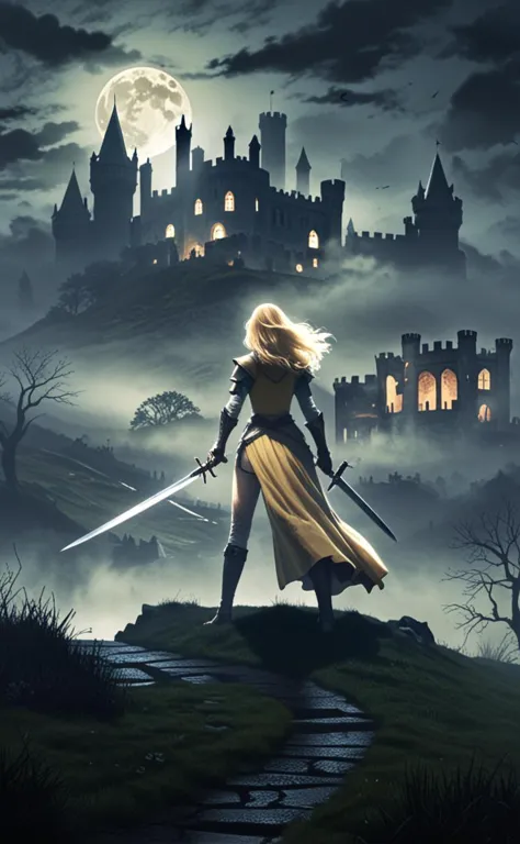 woman with blonde hair wielding a sword stands dramatically amidst a misty, moonlit landscape featuring a castled estate., <lora:sdxl_lightning_8step_lora.safetensors:0.7>