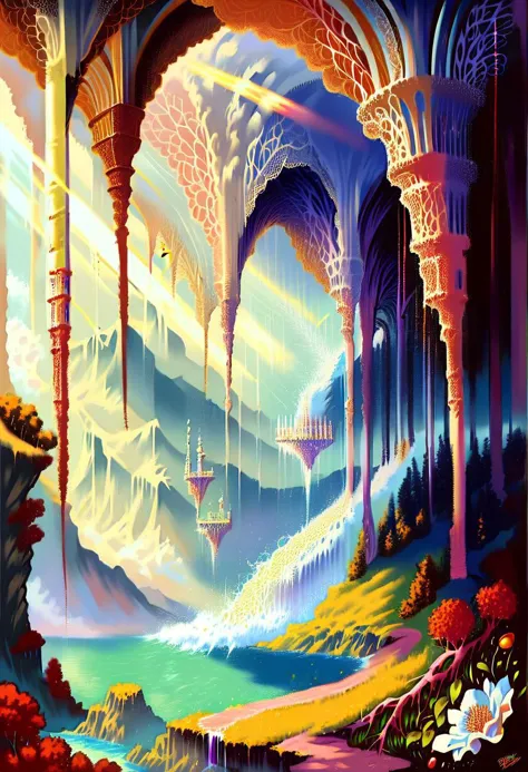 a painting of a fantasy castle with a waterfall and a waterfall