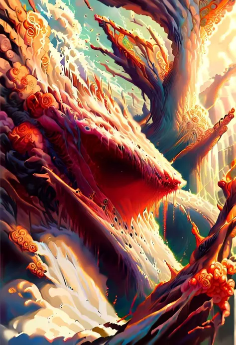 a close up of a painting of a dragon with a red head