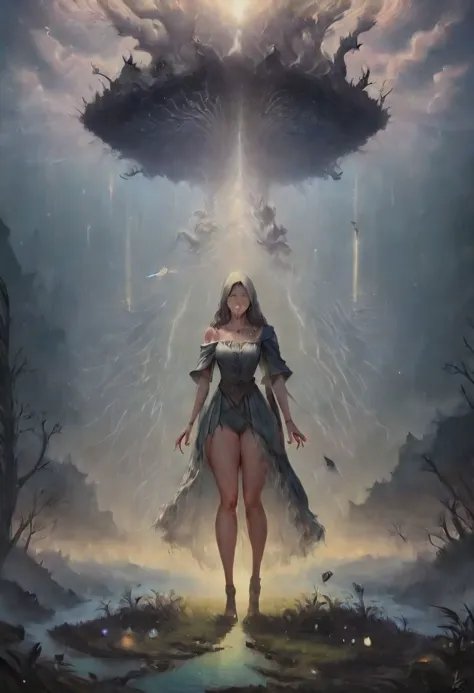 a woman standing in front of a giant alien creature