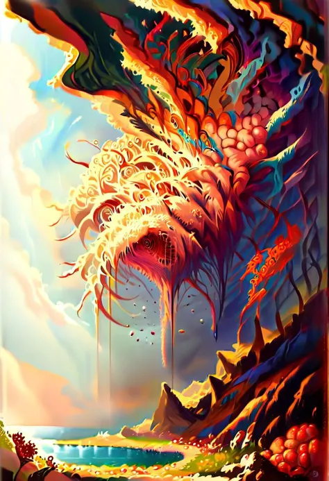 a painting of a dragon with a waterfall in the background