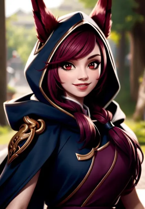 sfw, <lora:xayah:0.8>, xayah, hood, 1girl, solo, smile,, (masterpiece, best quality, absurdres, detailed, ultra-detailed:1.3), b...