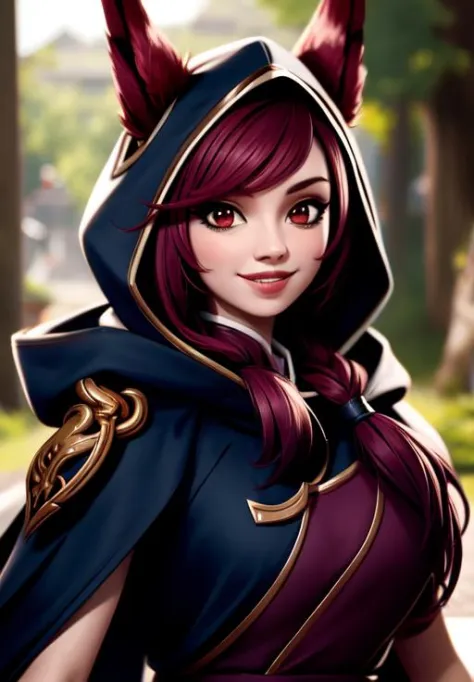 sfw, <lora:xayah:0.8>, xayah, hood, 1girl, solo, smile,, (masterpiece, best quality, absurdres, detailed, ultra-detailed:1.3), beautiful