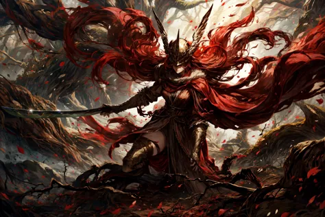 1girl,cursed_left_arm, winged helmet, red cape, malenia_blade, covered eyes, long hair, red hair,(dynamic pose),holding a sword,dry forest,death forest,tree roots,thicc,thick thighs,curvy,masterpiece,extremely detailed CG unity 8k wallpaper, best quality,32k,focus sharp, 5, 