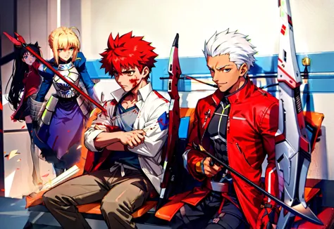 anime characters sitting on a bench with swords and a sword