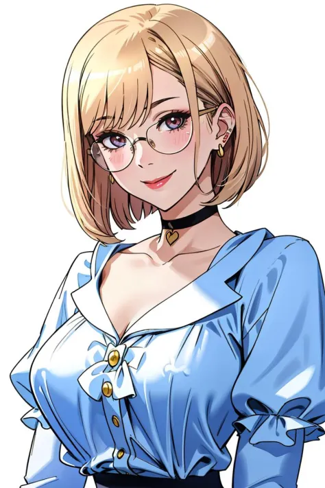 ((Masterpiece, best quality)),edgQuality,smirk,smug,lipstick,portrait,(simple background,white background)
<lora:MarinKitagawa:0.65>blonde hair color, wavy bob cut, choker,golden necklace,blue eyes, glasses,looking at viewer
edgCT, a woman in a blouse, puffy sleeves,wearing edgCT,chic top ,ribbon,cape <lora:edgChicTops1:0.8>