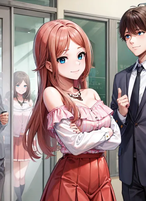 anime characters in a business setting with a woman in a red dress