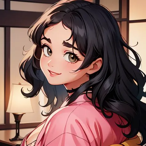 anime girl with long black hair and pink shirt looking at the camera