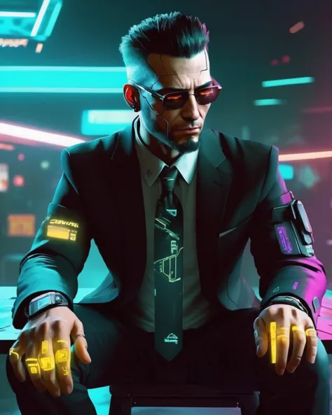 photography ,  a man in a suit sitting down with his hands on his lap , cyberpunk style , cyberpunk 2077<lora:cyber_aesthetic_sd...