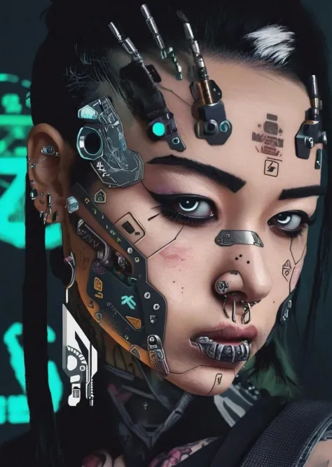 a woman with a piercing on her face , cyberpunk style<lora:cyber_aesthetic_sdxl:1.0>