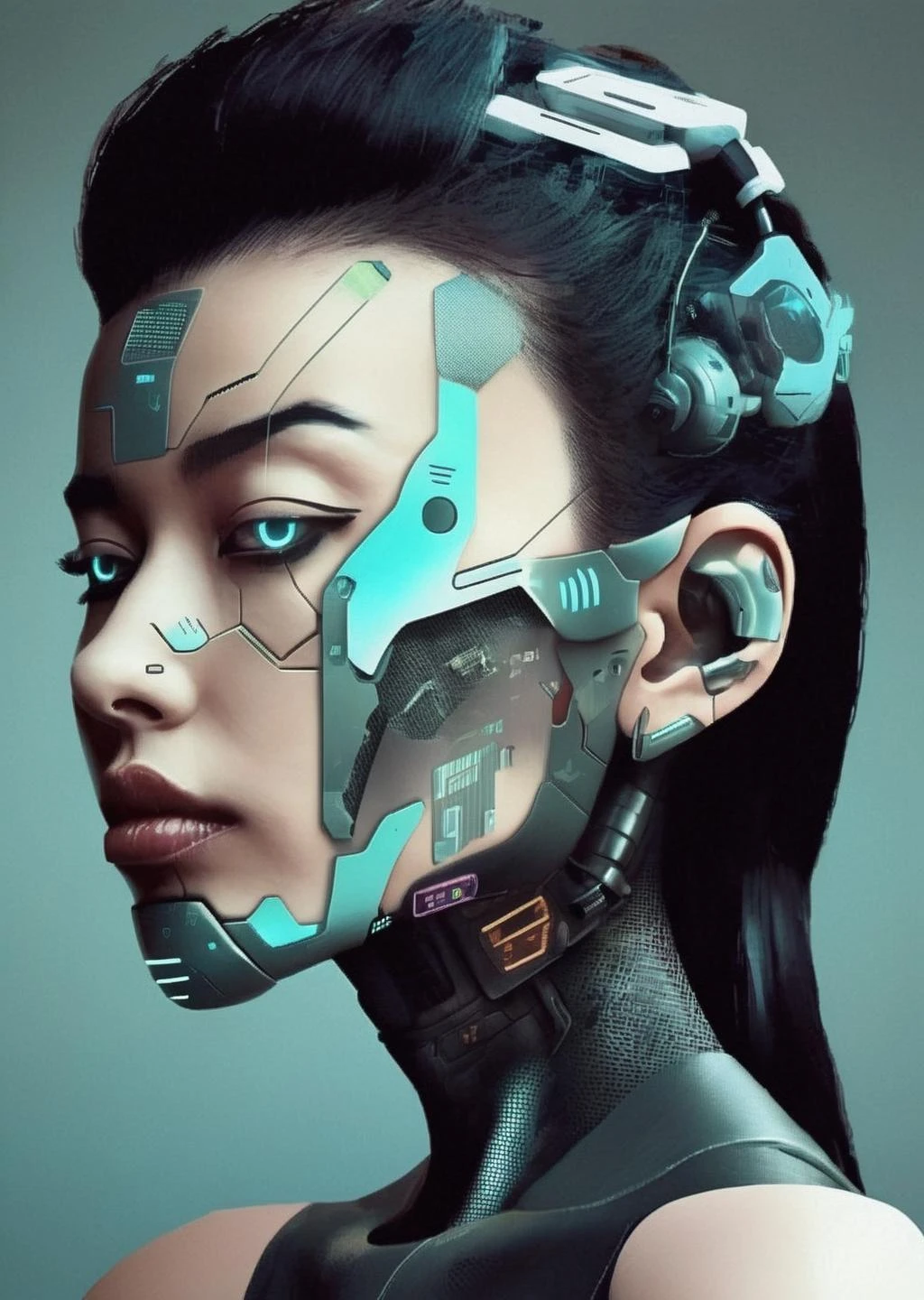 une femme avec un visage et une oreille futuristes , style cyberpunk