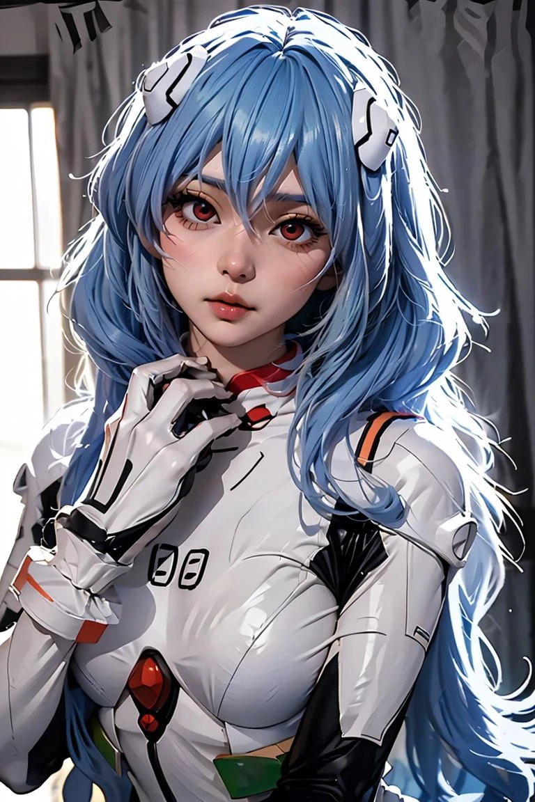 (Obra de arte, melhor qualidade), 1 garota, rosto bonito,  fantasia de cosplay de ayanami, cosplay, cabelo longo, Maiô, pele firme, cápsulas de cabelo,  transparente,