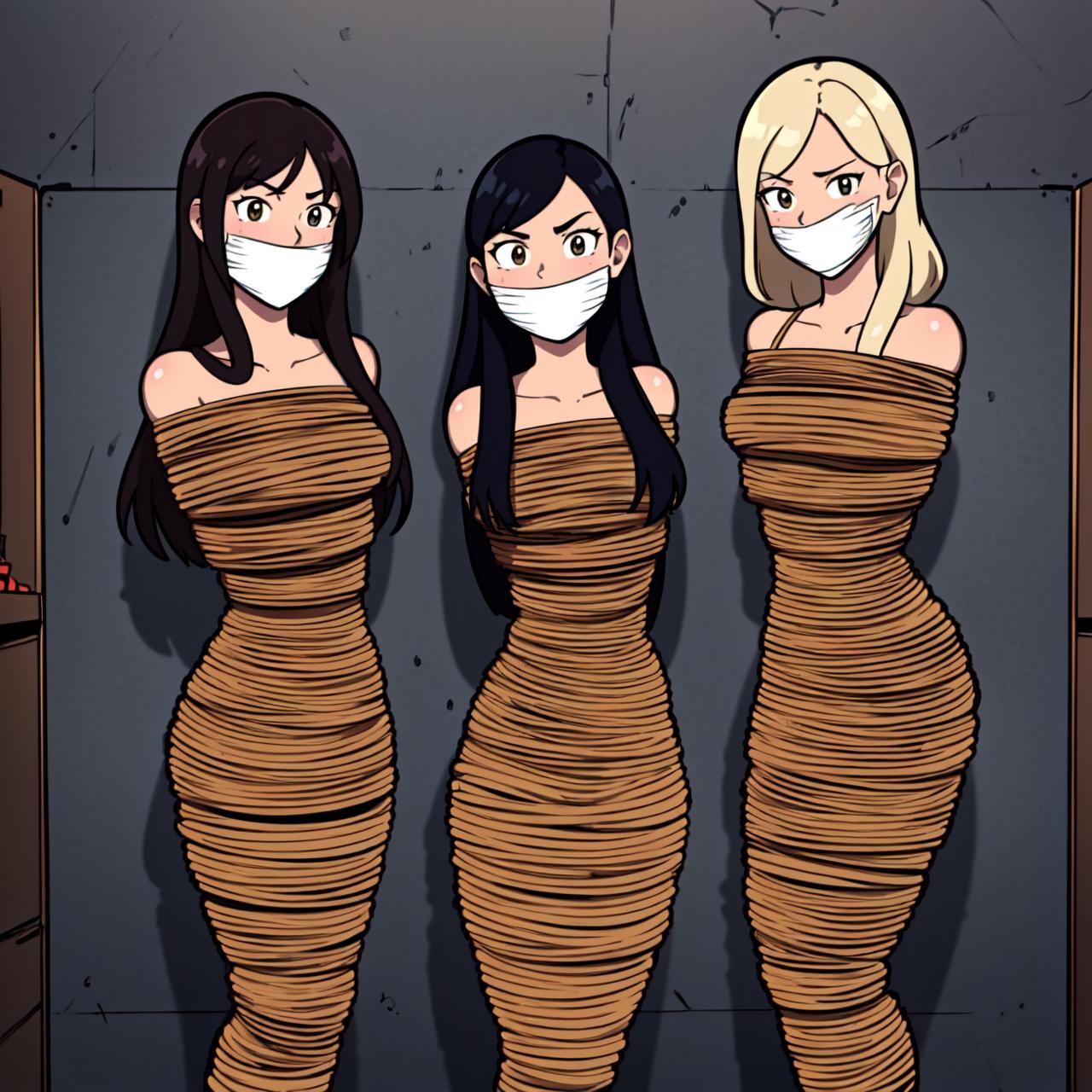 Three women in bandages are standing in a room - SeaArt AI