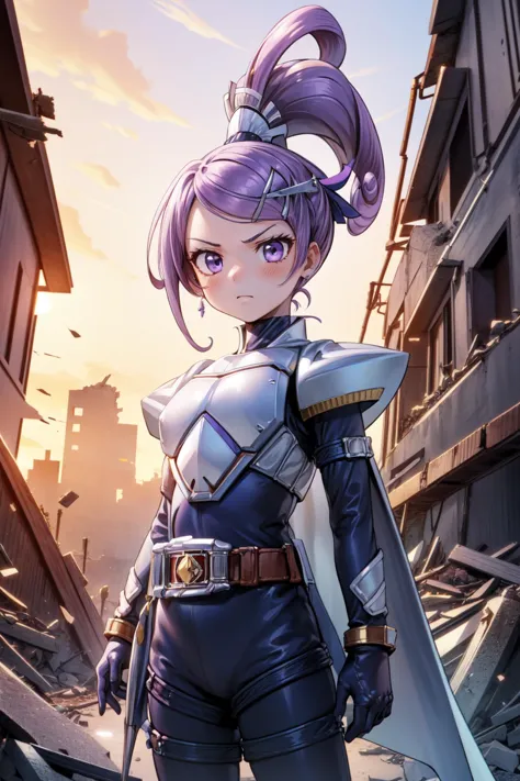 masterpiece,best quality,1girl,cure sword,purple eyes,purple hair,(spade hair ornament),high ponytail,hairpin,serious,(BladeRider),blue gloves,rider belt,gloves,bodysuit,(armor:1.2),belt,waist cape,satnding,arms at sides,looking away,(ruins:1.2),dusk,cowboy shot,<lora:BladeSuit:0.75>,<lora:locon_cure_sword_1:0.9>,<lora:Concept-control tool-add_detail-CyberAIchemist:0.6>,