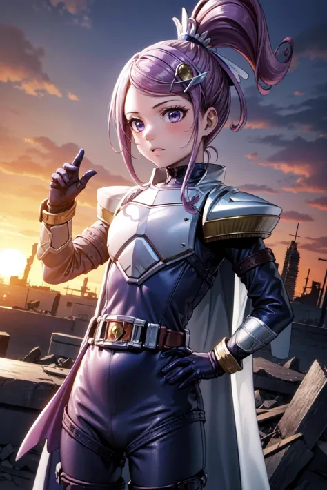 masterpiece,best quality,1girl,cure sword,purple eyes,purple hair,(spade hair ornament),high ponytail,hairpin,(BladeRider),blue gloves,rider belt,gloves,bodysuit,(armor:1.2),belt,waist cape,satnding,hand on hip,arm at side,looking to the side,(ruins:1.2),dawn,(sunrise),cowboy shot,dutch angle,<lora:BladeSuit:0.7>,<lora:locon_cure_sword_1:0.8>,<lora:Concept-control tool-add_detail-CyberAIchemist:0.6>,