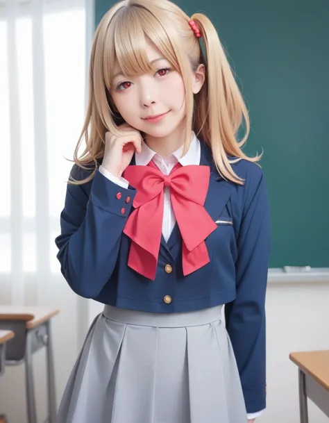 a close up of a person in a school uniform posing for a picture