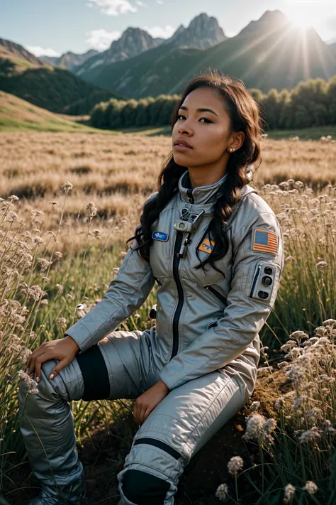 A mixed race woman in a grey space suit sitting in a tall grass, holding flowers, field, mountains in the background, warm palette, sunlight, amateur photo, film grain