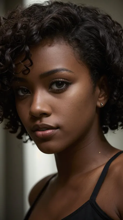 a close up of a woman with a black top and a black top