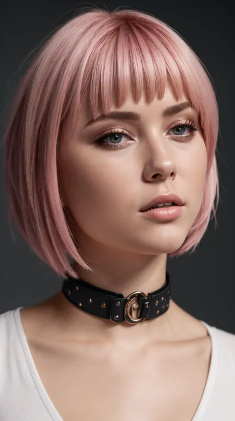 a woman with pink hair wearing a black choke and a white shirt