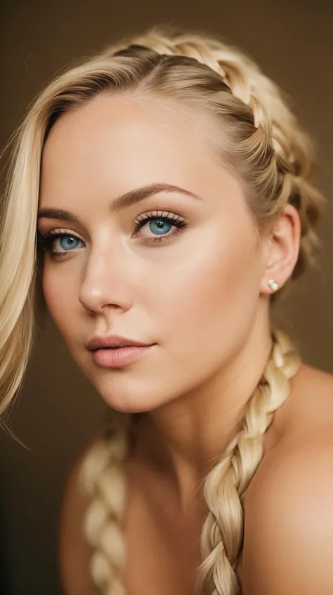 a woman with a braid hair and blue eyes posing for a picture