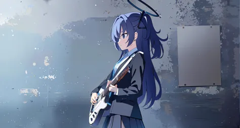 1girl,ANIME,<lora:BArtstyleV7-EXP:0.2>,(BAPV, grey theme:1),from side,cowboy shot,cinematic angle,standing,view straight on,((looking up)),yuuka,flipped hair,((holding guitar,holding holding instrument,electric guitar)),default,sad,black skirt, black jacket,hair ornament,halo,<lora:yuukaV2.3:1>,indoors,white wall,poster,simple background,(masterpiece,8k wallpaper,best quality,ultra-detailed,finely detail, highres, illustration)