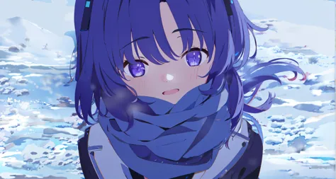 anime girl with blue hair and scarf looking at camera