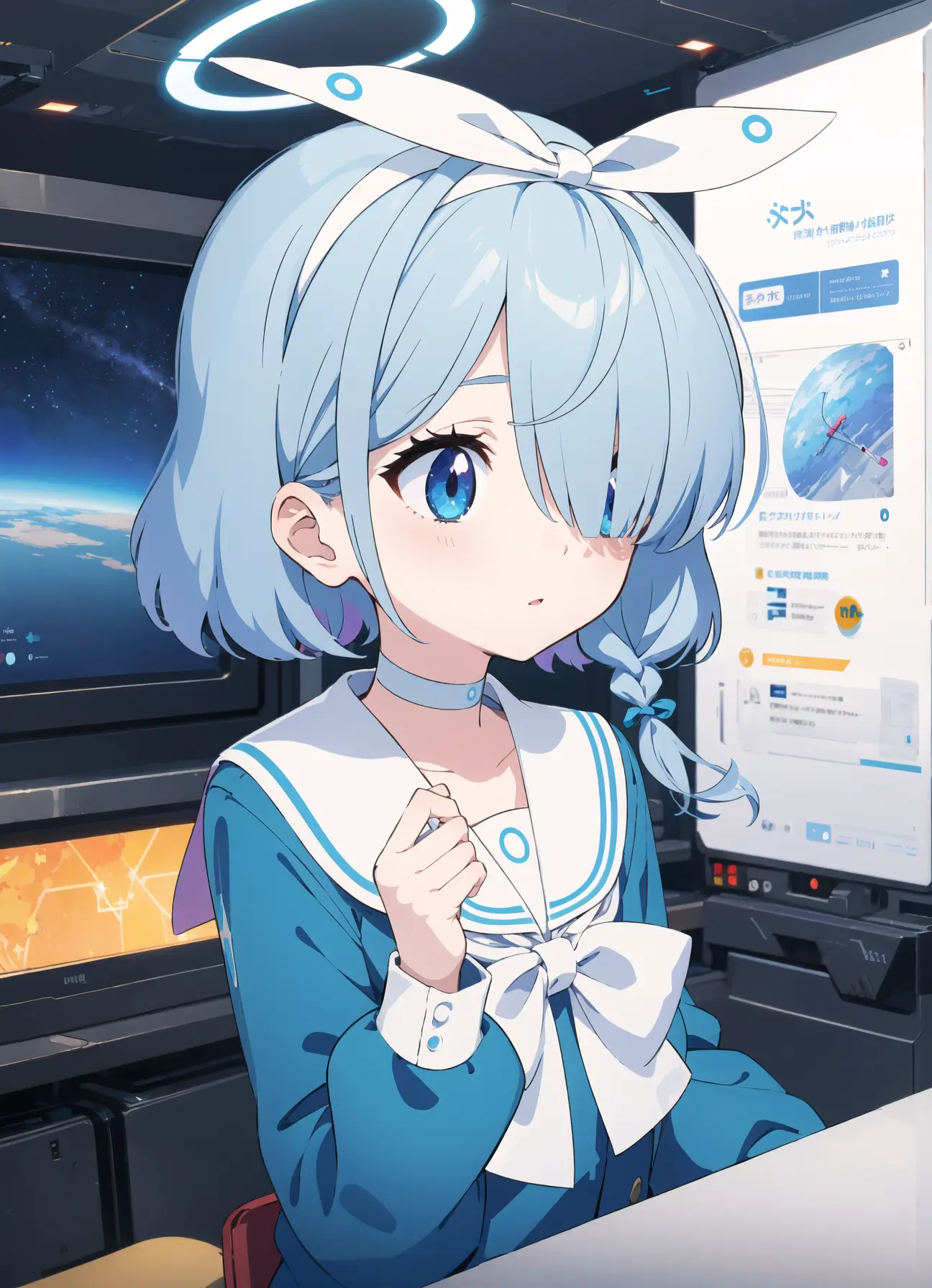 cyberpunk, best quality,  detailed background, anime, 1girl, young girl, short girl, scifi, spaceship, space, arona, hair over one eye,hair over right eye,white hairband, bow hairband, halo, short hair, single braid, , blue shirt, white sailor collar, long sleeves, white bowtie, white choker, halo, pure