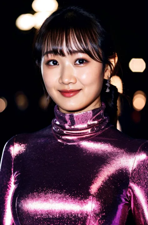 a close up of a woman in a shiny purple top