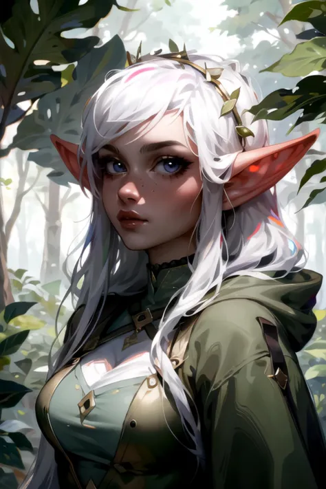 (masterpiece, best quality, sfw, by Sasha Khmel), 1girl, portrait, detailed eyes, long white hairs, elf ears, mage outfit, fores...