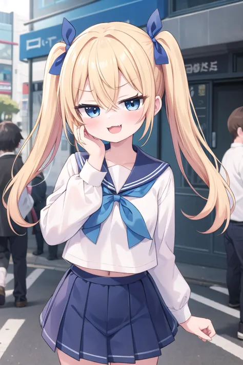 insanely detailed, absurdres, ultra-highres, ultra-detailed, best quality,
1girl, solo, nice hands, perfect hands,
BREAK
(wearing sailor school uniform, dark blue pleated skirt, white shirt),
(evil smile, ;3, smug, open mouth:1.3), fangs
BREAK
standing, hand on own face, 45 angle,
from below, cowboy shot, looking at viewer, tilt head
BREAK
slender, kawaii, perfect symmetrical face, ultra cute girl, ultra cute face, ultra detailed eyes, ultra detailed hair, ultra cute, ultra beautiful
BREAK
in harajuku, shibuya, tokyo, street, crowd, cityscape,
small breasts
BREAK
(gold blonde) hair, (short:1.3) twintails, blue eyes, blue hair ribbon, hair between eyes