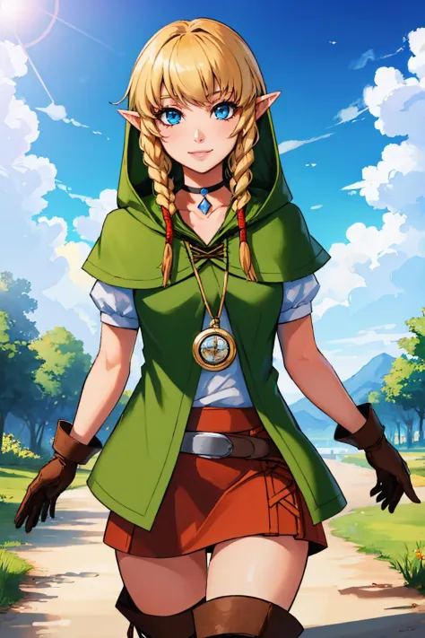 (masterpiece, best quality:1.2), solo, 1girl, linkle, smile, looking at viewer, twin braids, green capelet, hood, leather gloves...