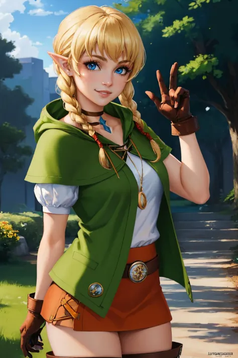 (masterpiece, best quality:1.2), solo, 1girl, linkle, smile, looking at viewer, twin braids, green capelet, hood, leather gloves...