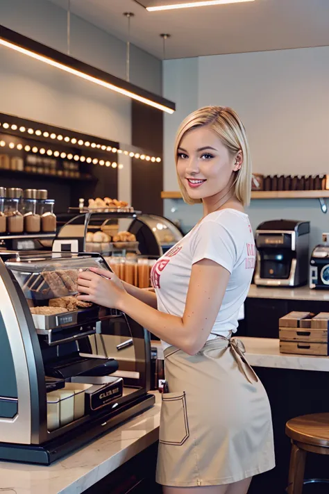 analog photo of a woman, vintage, faded film, film grain, coffeeshop, apron, t-shirt, behind counter, blonde