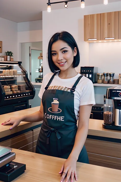 woman standing in front of counter with coffee machine in coffee shop