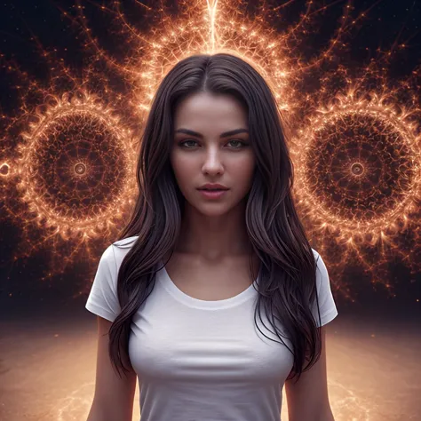 A digital portrait of a beautiful woman with long dark hair, wearing an white t-shirt made entirely of intricate mandelbrot fractals facing the camera and looking at each other hard lighting from feet by WLOP, highly detailed, 4K UHD image,
 <lora:JillNSFW:0.6>