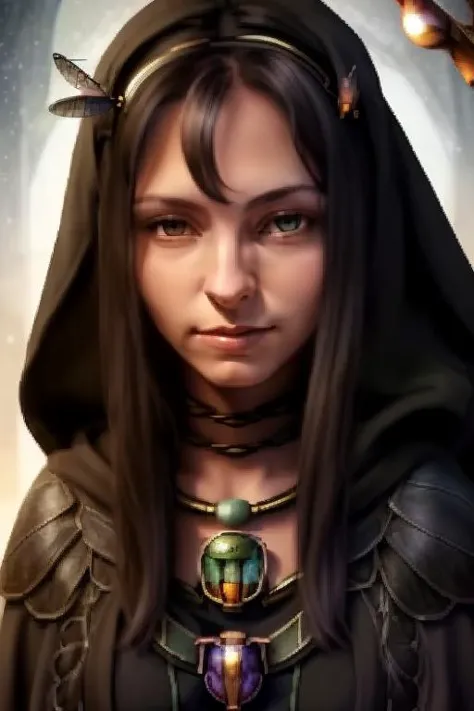 <lora:Baldur's Gate 1 Portraits:0.5>, Baldur's Gate official portrait, character, fantasy_character, 1024x768, female, druid, innocent, black hair, shy moniker, masterpiece, (insect themed cloak), (scarab brooch), highest quality, highest quality visuals, highest details