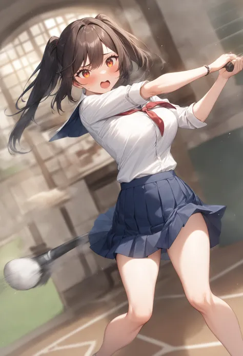 anime girl swinging a bat at a ball with a baseball bat