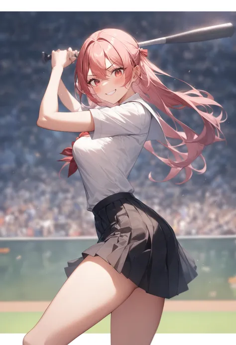 anime girl with pink hair holding a baseball bat on a baseball field