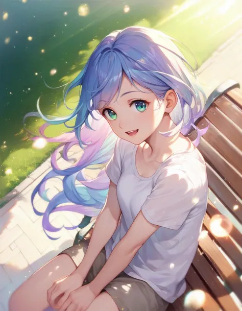 anime girl sitting on a bench with long blue hair