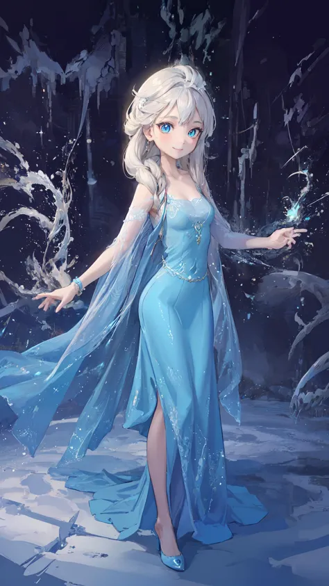 a woman in a blue dress standing in the snow