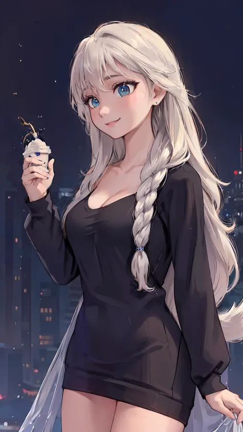 anime girl with long white hair and blue eyes holding a cell phone