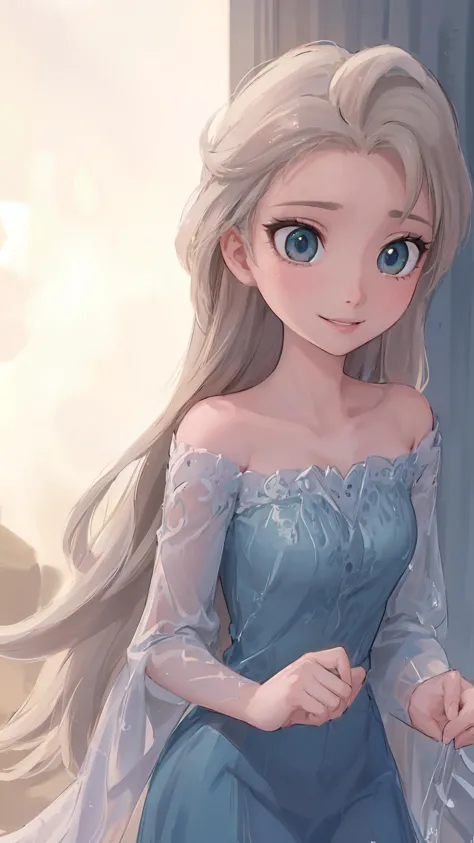 a close up of a cartoon girl in a blue dress