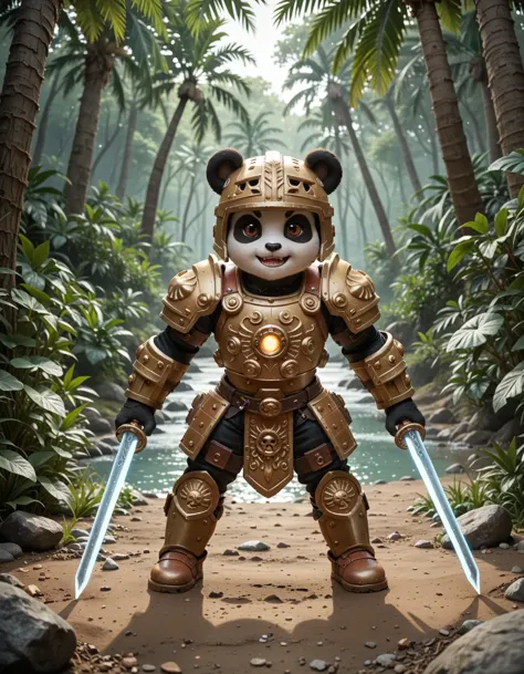 (zPDXL:1.1) a super cute anthro humanoid male giant panda chibi knight, wearing mech armor, wielding glowing sword, helmet, fantasy jungle temple in background