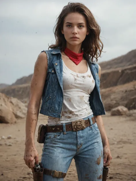 action, heroine, dual, pistols, denim, jacket, white, tank, top, dirty, rugged, belt, holster, brunette, wavy, hair, confident, ...