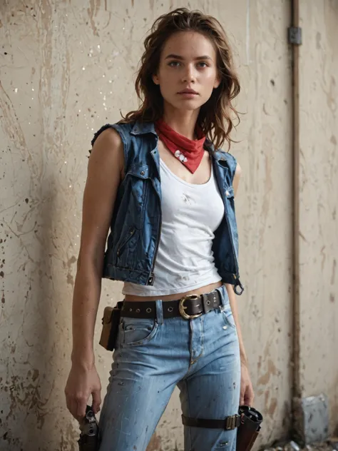 action, heroine, dual, pistols, denim, jacket, white, tank, top, dirty, rugged, belt, holster, brunette, wavy, hair, confident, ...