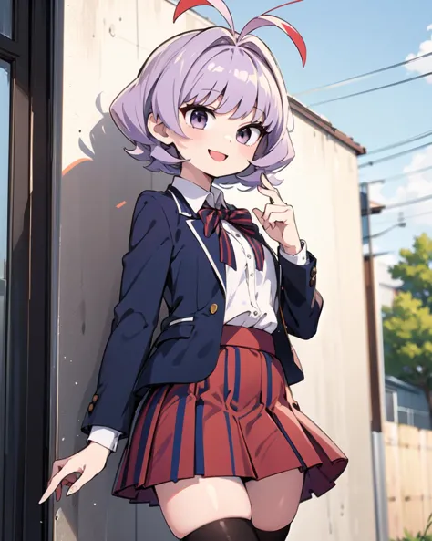 1girl,Najimi,Najimi_KCC,osana najimi \(komi-san wa komyushou desu\),short purple hair,school uniform,ahoge, antenna hair,red and dark blue skirt,(vertical-striped skirt:1.4), itan private high school uniform ,skirt,jacket,happy,smile,thighhighs, skindentation, 
<lora:HerrscherAGGA2023_Najimi_V1:0.8>