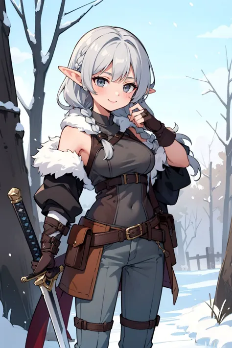 a woman in a brown outfit holding a sword in a snowy forest